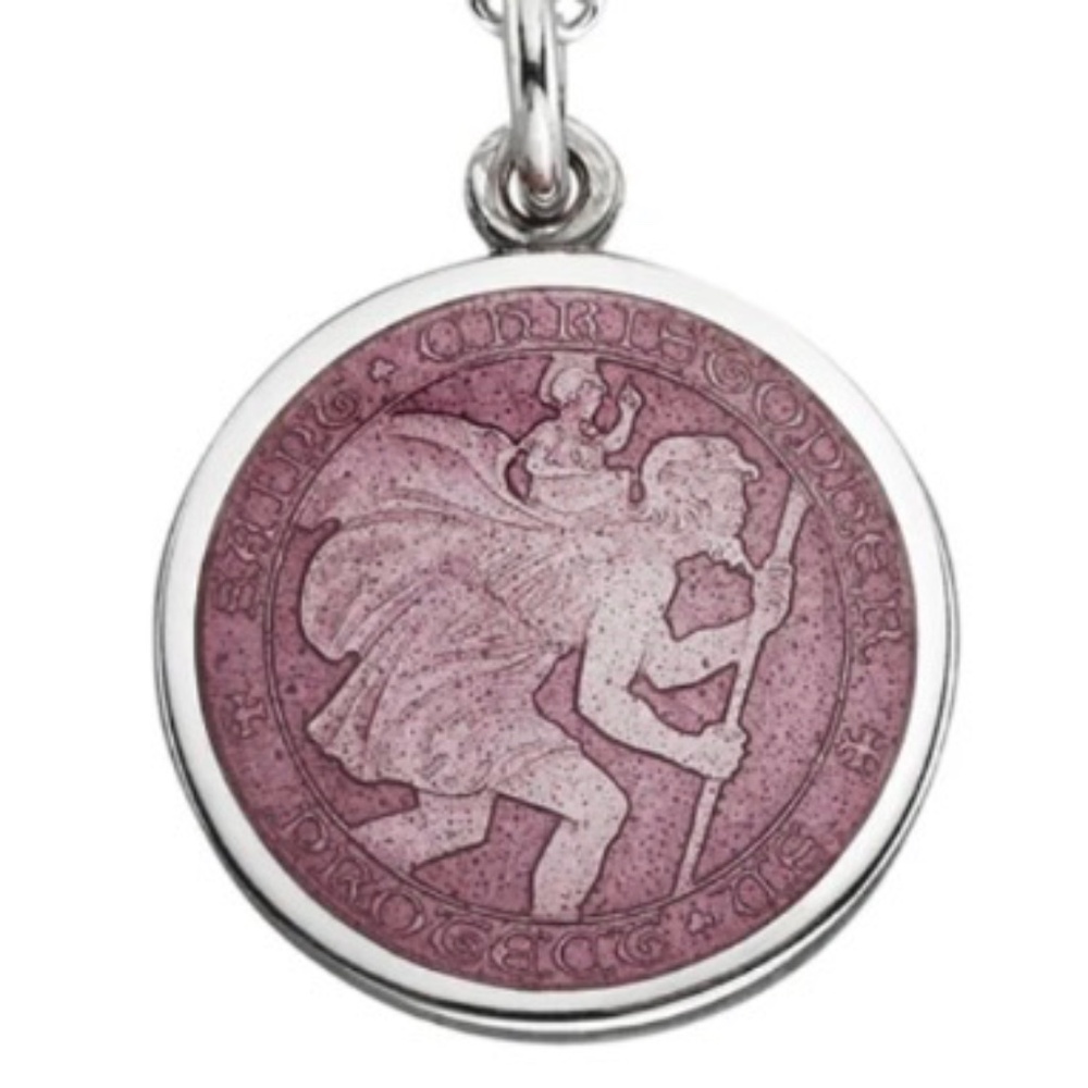 BRAND NEW NEVER WORN: ST. CHRISTOPHER LAVENDER ENAMEL MEDAL WITH CHAIN